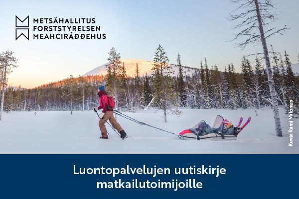 Retkeilijä vetää lasta ja varusteita ahkiossa. Taustalla on tunturi. Kuvan alla on teksti: Luontopalvelujen uutiskirje matkailutoimijoille.