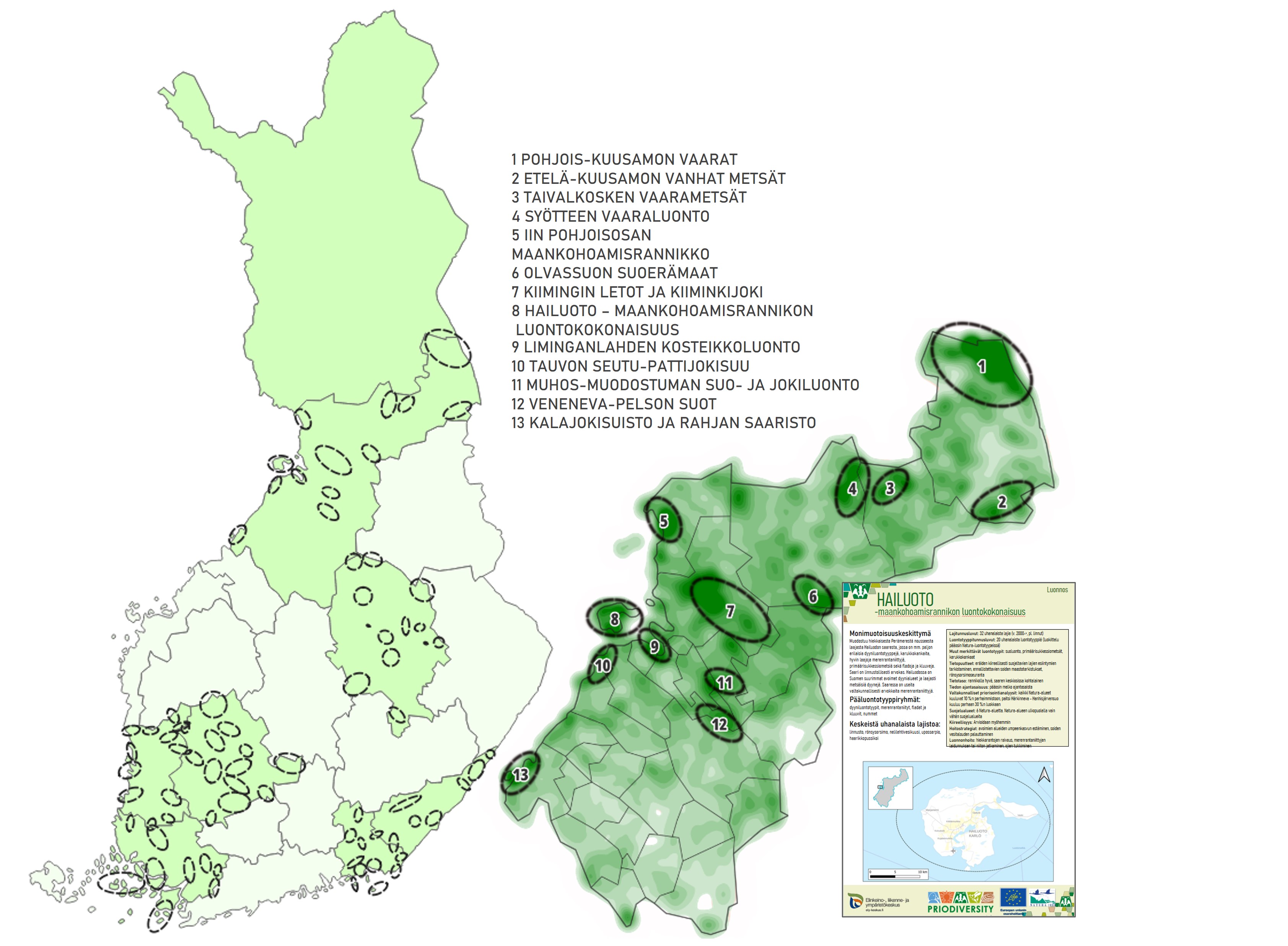 Karttakuva, johon on merkitty Priodiversity LIFE -hankkeen LUMO-ohjelmien luonnosvaiheessa tunnistetut yhteensä 78 maakunnallista monimuotoisuuskeskittymää, sekä kuva tietokortista. Tietokorttiin on listattu keskittymän nimi, karttakuva ja erityispiirteet.