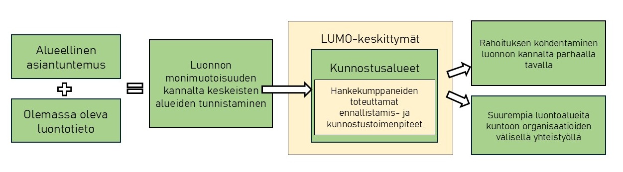 Kaaviokuva kokonaisvaltaisen kunnostamisen valintaprosessista. Alueellisen asiantuntemuksen ja olemassa olevan luontotiedon yhdistäminen auttaa tunnistamaan monimuotoisuuden kannalta keskeiset alueet, jolloin tunnistetut LUMO-keskitttymät, kunnostusalueet ja niillä toteutetut toimenpiteet edesauttavat mm. rahoituksen kohdentamista luonnon kannalta parhaalla tavalla.