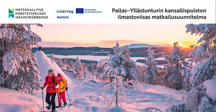 Julkaisun kansikuva. Kuvassa kaksi lumikenk&auml;ilij&auml;&auml; kiipe&auml;&auml; yl&ouml;s lumista rinnett&auml;.