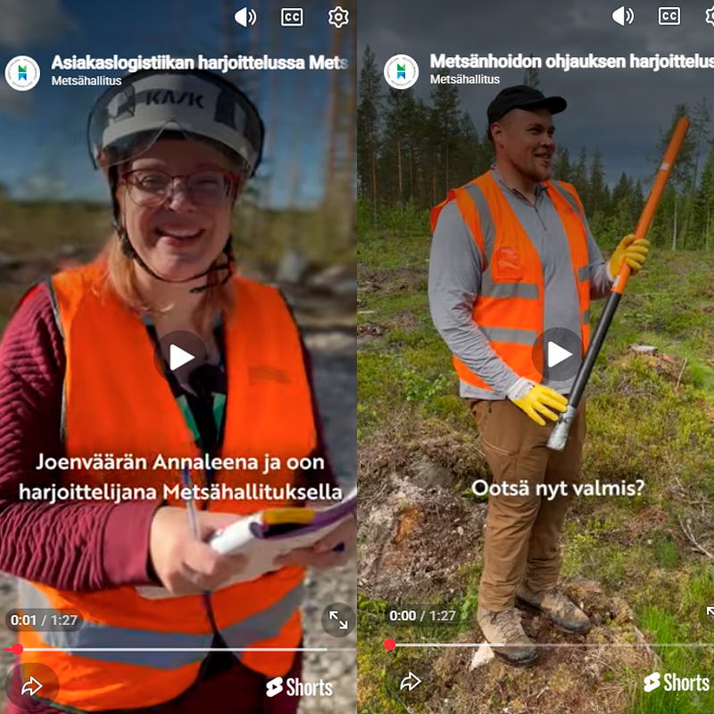 Kollaasi, jossa kaksi still-kuvaa videoista. Toisessa nainen metsässä lehtiö kädessä ja toisessa mies metsässä istutusputki kädessä.