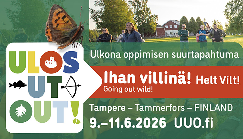 Bannerissa on valokuva ihmisistä ulkona sekä tekstit: Ulos Ut Out. Ulkona oppimisen suurtapahtuma Ihan villinä. Helt Vilt. Going out wild. Tampere Tammerfors Finland. 9.-11.6.2026. uuo.fi.