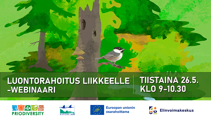 Piirroskuvassa on lintu ja metsä. Kuvan alla on hankkeen logot.