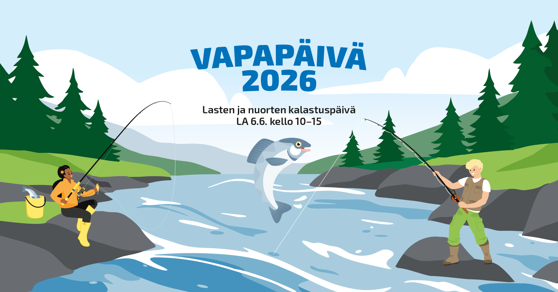 Piirroskuva nuorista, jotka kalastavat joen varrella.