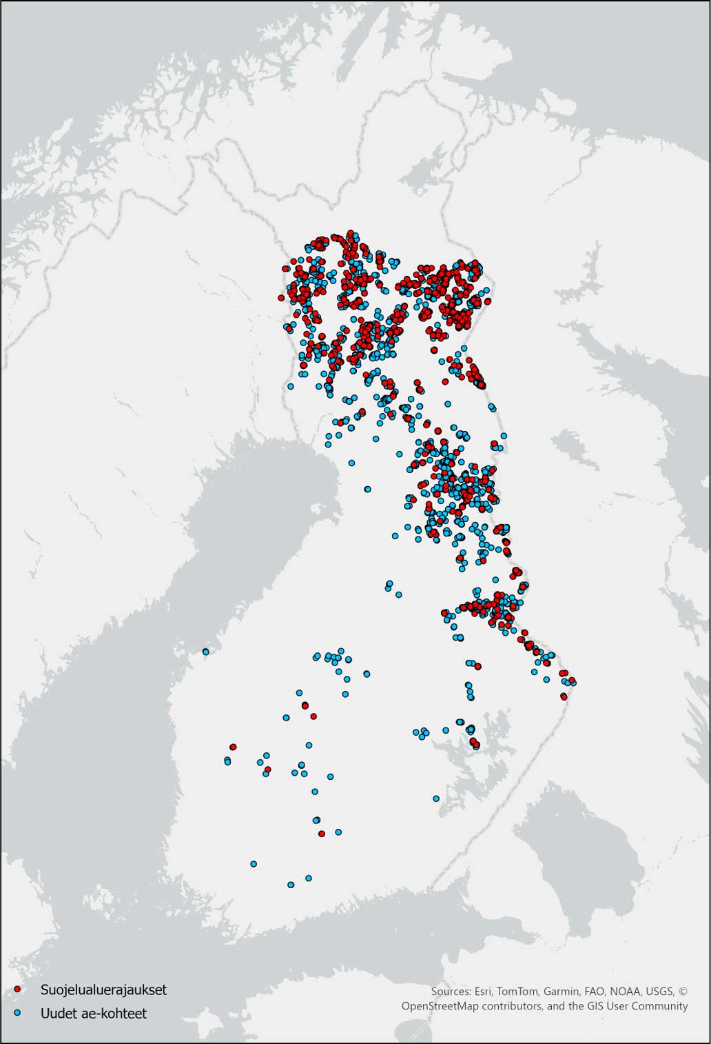 Karttakuva Suomesta ja pisteillä merkitty suojelualuerajaukset ja uudet ae-kohteet. Painottuvat Lappiin, Kainuuseen ja Itä-Suomeen.