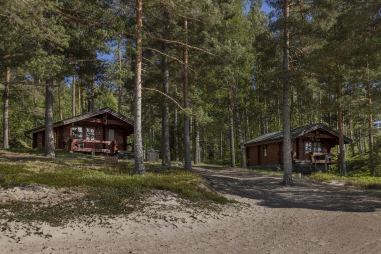 Kaksi m&ouml;kki&auml; m&auml;ntymetsik&ouml;ss&auml; hiekkarannalla.