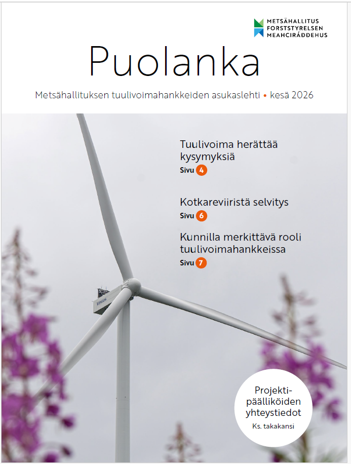Kuva asukaslehden kannesta. Kannessa on neljä nostoa lehden aiheista ja tuulivoimala, jonka edessä on hieman epätarkkoina maitohorsmia.