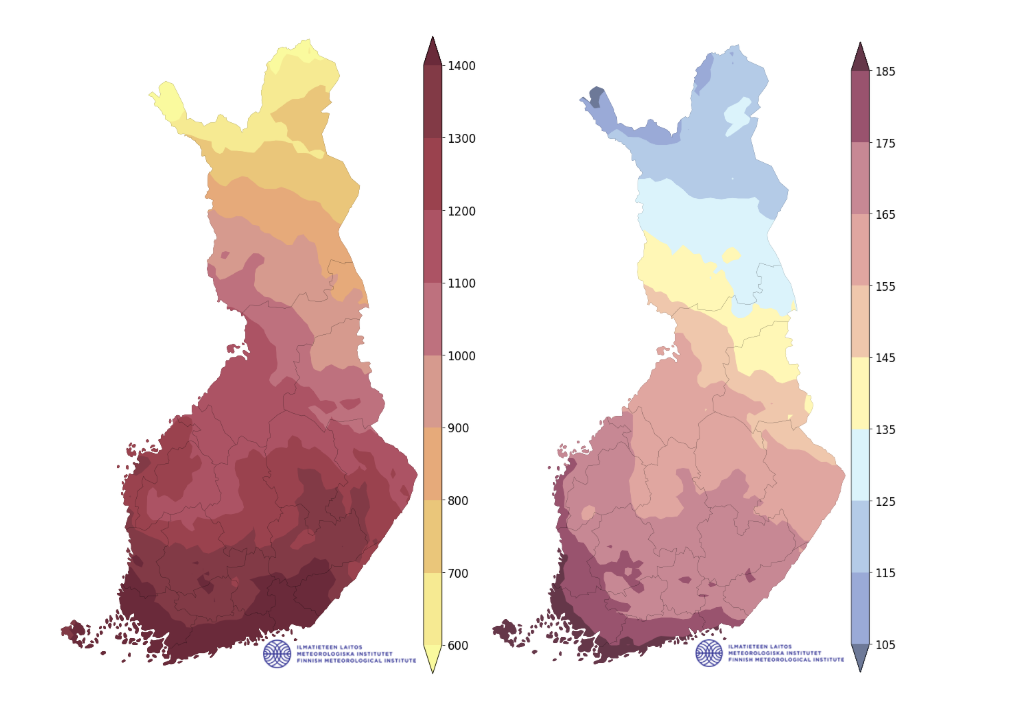 Kuvassa kaksi Suomen karttaa, joissa kuvattuna Keskimääräinen tehoisa lämpösumma (°C vrk) ja kasvukauden pituus (vrk) vuosina 1991–2020 