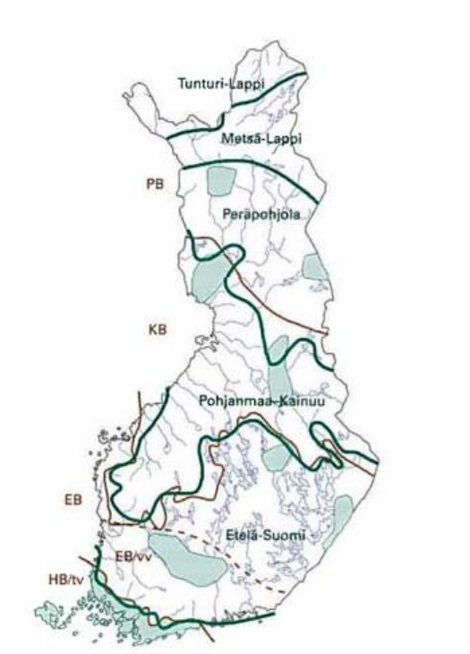 Kuva Suomen kartasta, jossa kuvattu boreaalisten vyöhykkeiden rajat ruskealla värillä, metsäkasvillisuusvyöhykkeiden rajat vihreällä värillä ja lehto- ja lettokeskukset vaaleanvihreällä värillä. (Kuva: Metsäntutkimuslaitos)