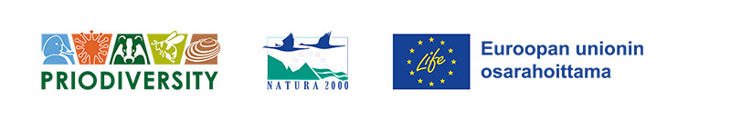 Hankkeen logot: Priodiversity, Natura 2000 ja EU-lippu.