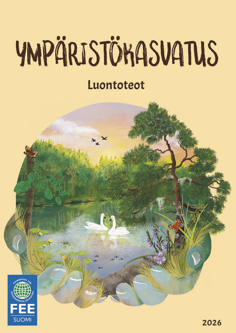 Ympäristökasvatus-lehden piirretty kansi. Kuvassa on metsälampi, jossa on joutsenia.