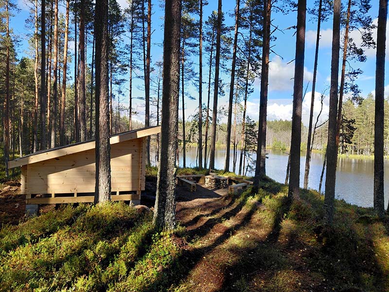 Laavu ja tulentekopaikka järven rannassa. Laavun ympäristö on mäntymetsää.