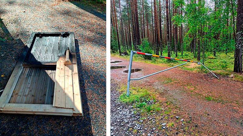 Kuvakoosteessa rikottu ja poltettu puinen ovi sekä rikottu metsätien puomi.